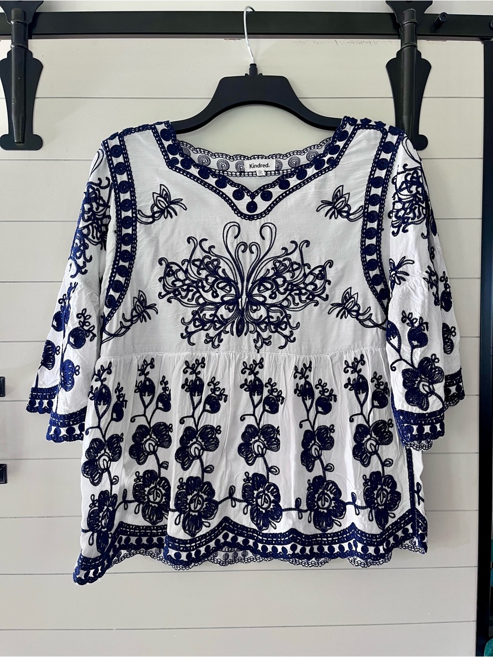 Navy & White Embroidered Peasant Top